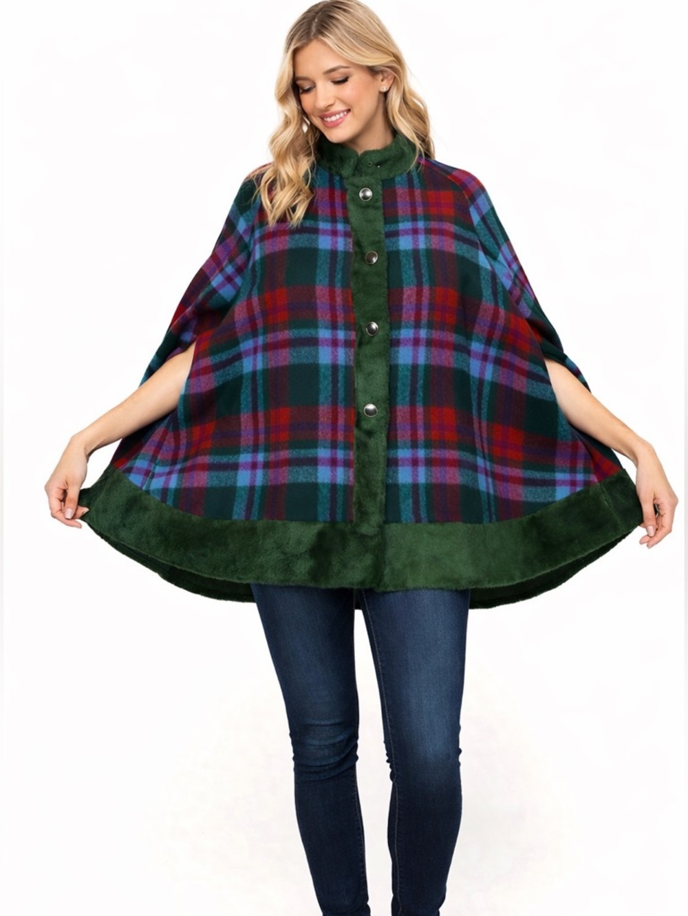 Vintage Pioneer Wear Plaid Cape‎ Poncho Faux Fur Trim Western Coat